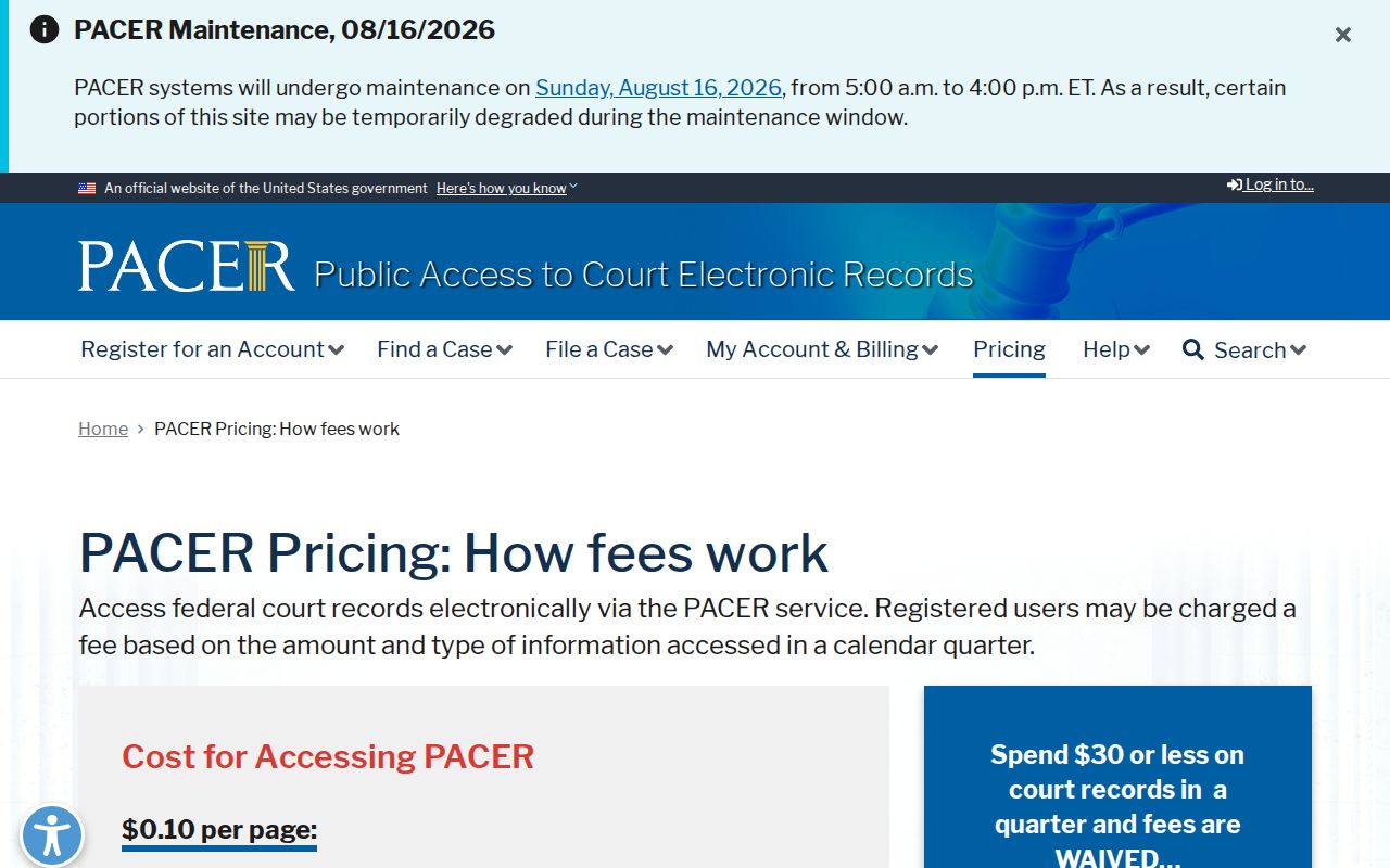 Official PACER pricing for an Ash Flat federal court docket